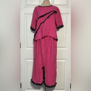 Vintage Dear Friends Pink 2-Piece Skirt Top Set Large Polka Dots 100%‎ Linen USA